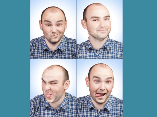 fotografia de homem calvo fazendo várias expressões inapropriadas para foto 3x4