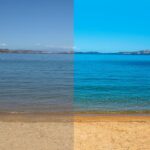 Fotografia de uma linda praia metade da foto foi aplicada a técnica color grading a outra metade está sem nenhum efeito.