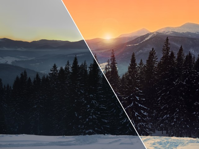 Imagem comparativa de uma fotografia de um por do sol, antes e depois da aplicação do color grading